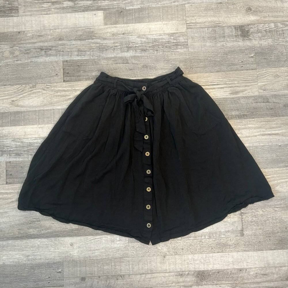 Modcloth NWOT Black A-Line Button Front Full Skirt Size Small Midi, Tie Belt H42